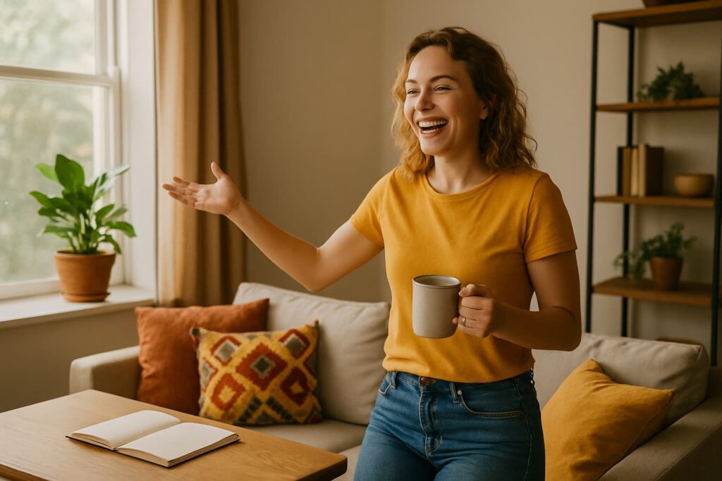 “A bright indoor setting with a cheerful person holding a coffee mug, gesturing warmly near a sunlit window, with colorful cushions, a plant, and a notebook — symbolizing an extroverted personality.”