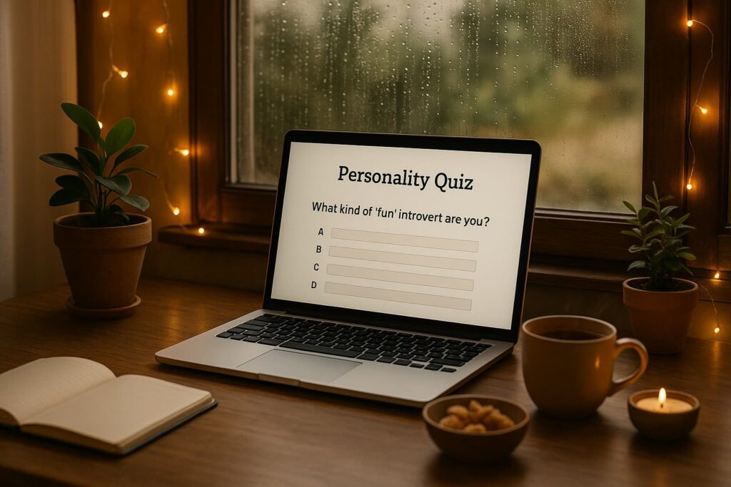 “A cozy desk scene with a laptop displaying a quiz, warm fairy lights, tea, snacks, and a plant by a rainy window — inviting fun introverts to explore their type.”