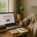 “A cozy room with a laptop showing a quiz, tea, blanket, books, and a plant by a rainy window—a peaceful setting to discover ideal introvert lifestyle.”