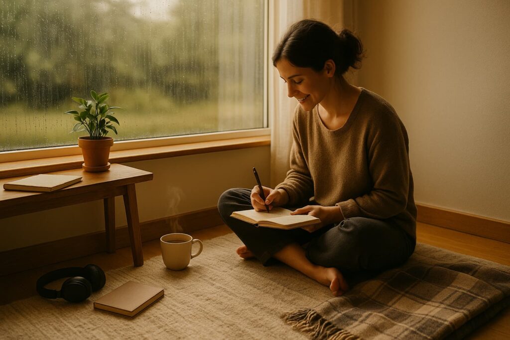 “A cozy indoor scene with a person writing in a journal beside a rainy window, with headphones, tea, and a plant — illustrating common introvert signs.”