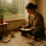 “A cozy indoor scene with a person writing in a journal beside a rainy window, with headphones, tea, and a plant — illustrating common introvert signs.”