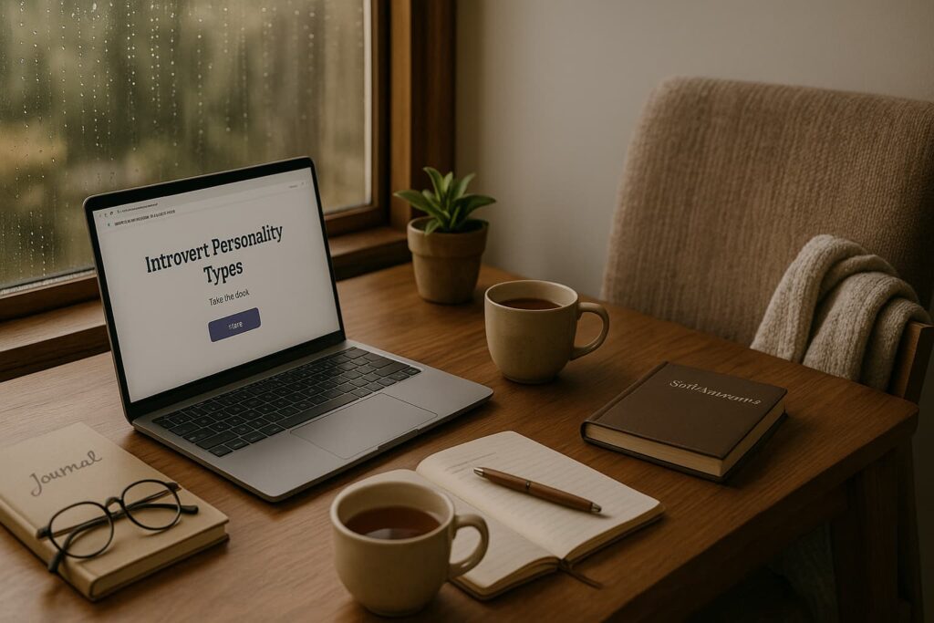 “A cozy desk scene with a laptop showing a personality quiz, journal, glasses, tea, and plant by a rainy window—ideal for taking an introvert quiz.”
