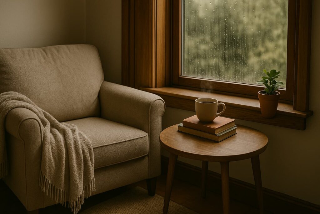 “A cozy armchair with a blanket, a cup of tea, a book, and a plant beside a rainy window—depicting an introvert’s peaceful mental recharge.”