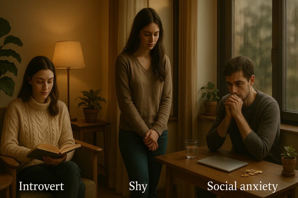 “A cozy indoor scene divided into three parts: one showing a calm reader (introvert), another a hesitant shy person by a window, and the third a person with clasped hands showing social anxiety — all under warm, soft lighting.”