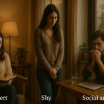 “A cozy indoor scene divided into three parts: one showing a calm reader (introvert), another a hesitant shy person by a window, and the third a person with clasped hands showing social anxiety — all under warm, soft lighting.”