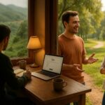 “A split-scene image: a cozy introvert workspace by a rainy window transitioning through a doorway to a sunny park where the same person confidently interacts — symbolizing personality change.”