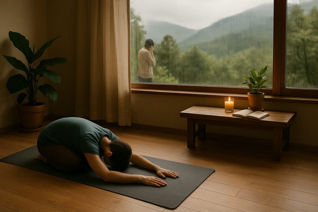 “An indoor yoga space by a rainy window showing someone in a gentle yoga pose, with a journal, plant, and candle nearby—evoking calm for introverts.”