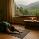 “An indoor yoga space by a rainy window showing someone in a gentle yoga pose, with a journal, plant, and candle nearby—evoking calm for introverts.”