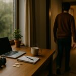 “A cozy indoor scene showing a person stepping away from a warm desk setup toward a softly lit window, symbolizing the balance of social engagement and solitude in outgoing introverts.”