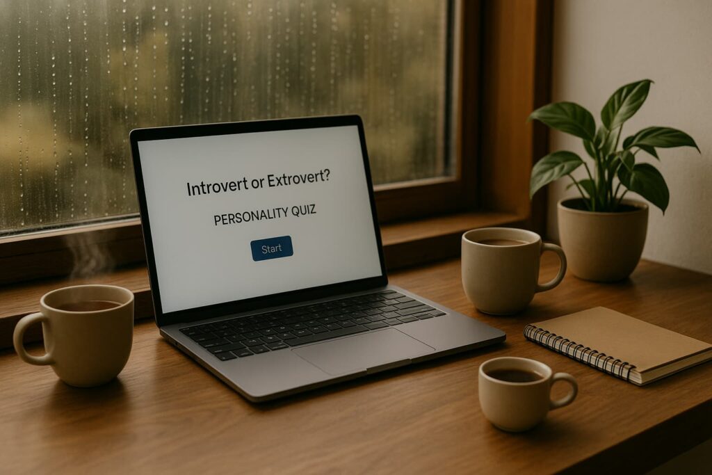 “A cozy desk with a laptop displaying a quiz page next to a tea mug, coffee mug, notebook, and plant by a rainy window — inviting reflection for personality discovery.”