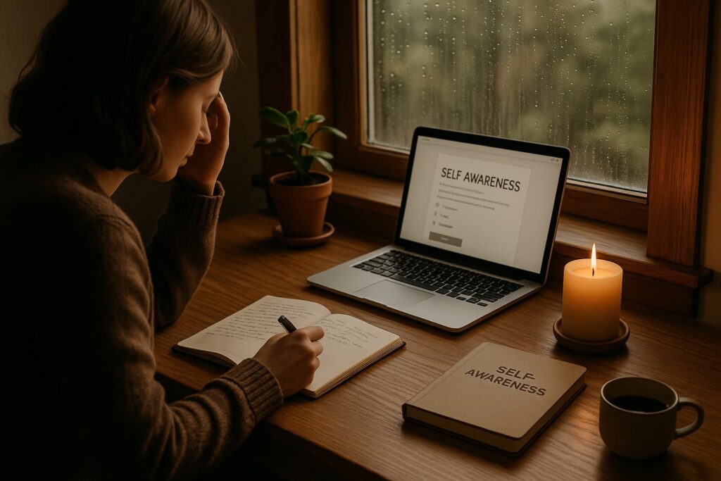 “A peaceful desk scene with a notebook, candle, plant, and journal titled ‘Self‑Awareness’ by a rainy window — reflecting a calm quiz session.”