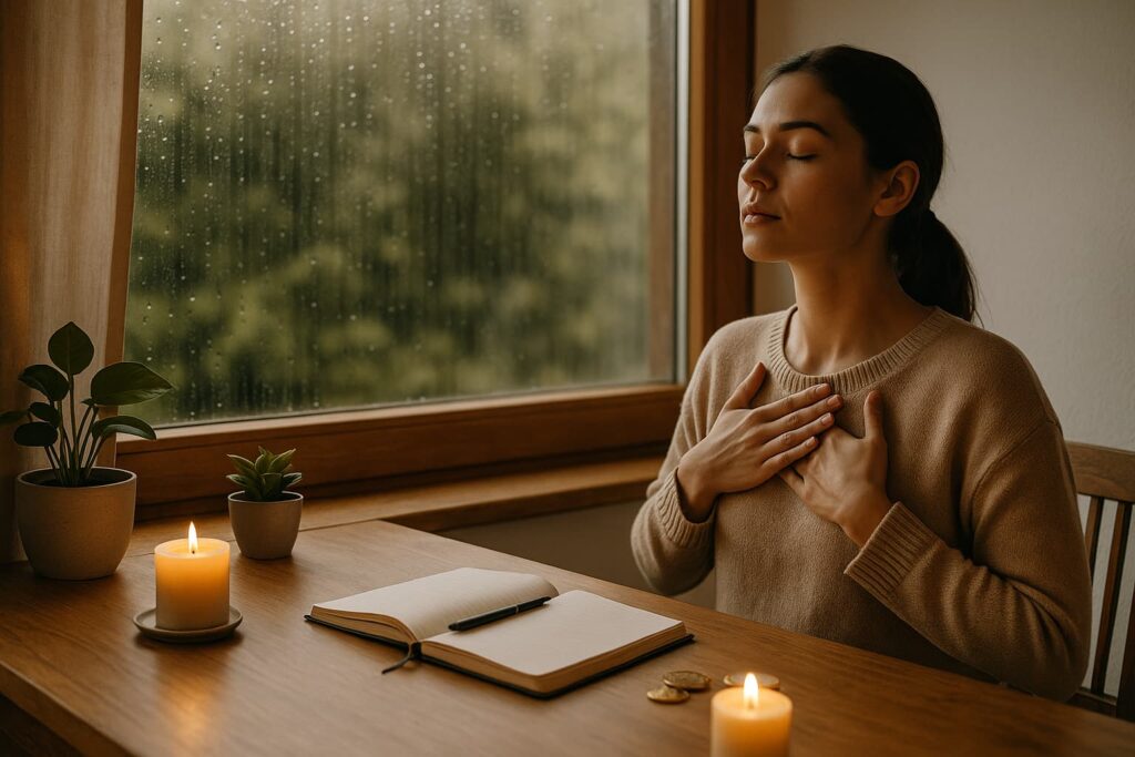 “A serene indoor scene showing someone practicing deep breathing at a wooden desk with a journal, plant, and candle by a rainy window—evoking calm for overcoming social anxiety.”