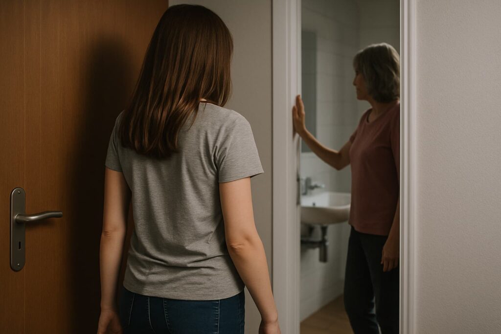 An introverted girl quietly walks away from the bathroom as her mother approaches, without showing either face