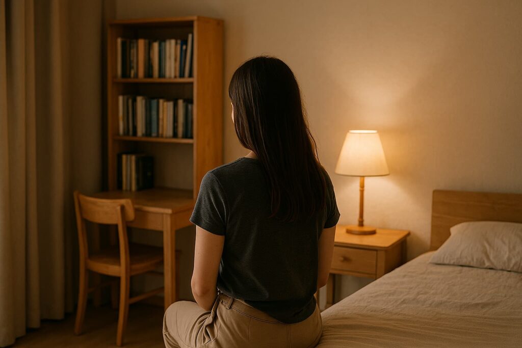 A young woman with long hair sitting quietly alone in a softly lit room, capturing a peaceful post-event moment of solitude and calm.