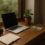 “A cozy home workspace near a rain-covered window with a laptop, notebook, headphones, plant, and subtle money — reflecting calm and focused online income opportunities for introverts.”