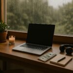 “A cozy online workspace with a laptop, headphones, and cash on the table near a rainy window — representing how introverts can earn money from home.”