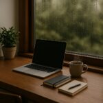 “A cozy home office by a rain-covered window, with a laptop, notebooks, and a warm cup of tea, reflecting peaceful work-from-home life for introverts.”