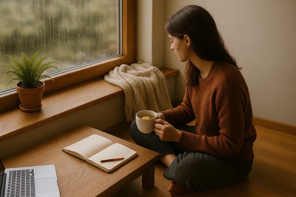 “A peaceful introvert sitting by a rain-speckled window with a journal and tea—reflective scene for episode one of a life story.”