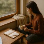 “A peaceful introvert sitting by a rain-speckled window with a journal and tea—reflective scene for episode one of a life story.”