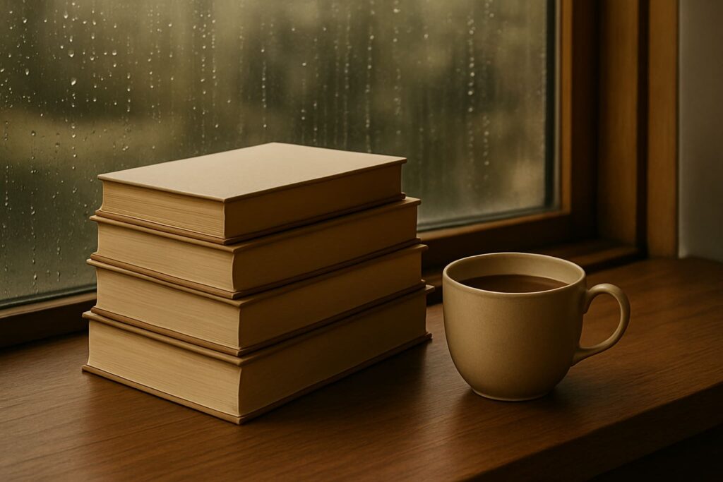 “A cozy stack of plain hardcover books and a warm cup of tea beside a rainy window, symbolizing peaceful reading time for introverts.”