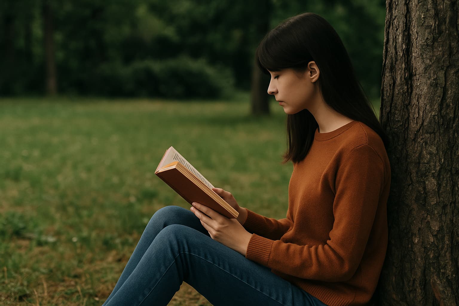 An introverted girl enjoying a quiet moment reading alone in nature, leaning peacefully against a tree
