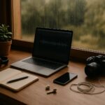 “A cozy introvert YouTube setup with a laptop, camera, headphones, and mobile phone near a rainy window — ideal for faceless content creation.”